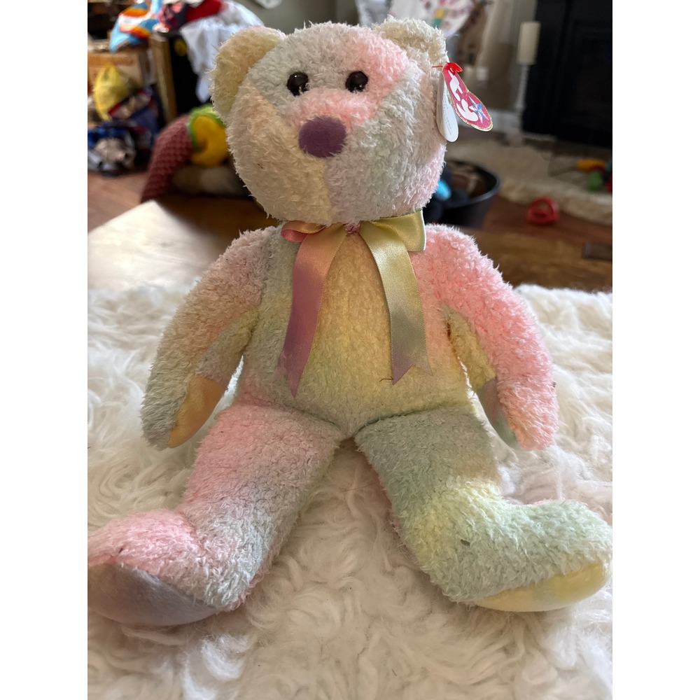 Ty Beanie Buddy Groovy Bear Pastel Tie Dye Plush 1999 Rainbow Ribbon 13 inch